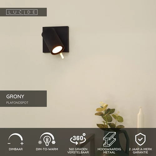 Lucide GRONY - Plafondspot - LED Dim to warm - GU10 - 1x5W 2200K/3000K - Zwart - USP